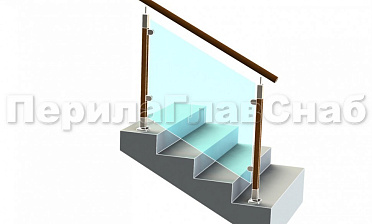 Ограждение с круглым деревянным поручнем с зажимными стеклодержателями и стойками с деревянными вставками купить в Воронеже