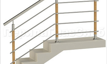 Четыре ригеля на держателях, квадратный поручень и стойки с деревянными вставками в Воронеже. Готовые проекты ПерилаГлавСнаб